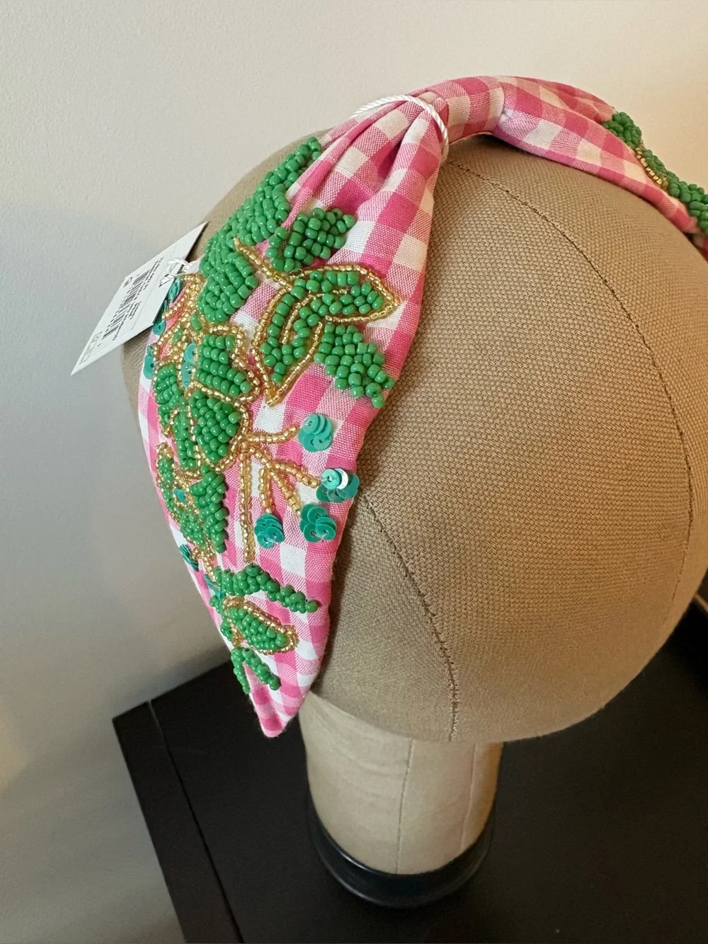 Pink Gingham Beaded Leaf Headband